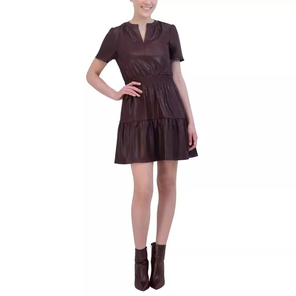 NWT Vigoss Women's Faux Leather Midweight Dress Brown Size Large $60 1HL184